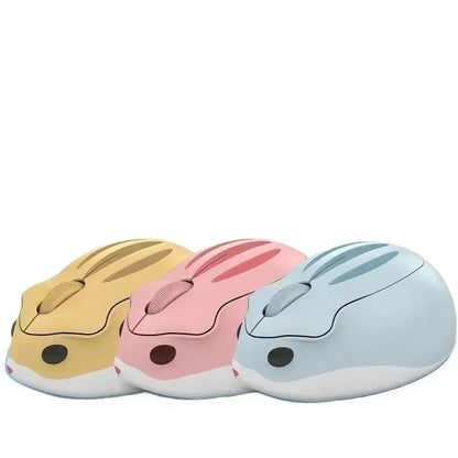 Hamster compact wireless Bluetooth mute mouse in yellow, pink, and grey colours.