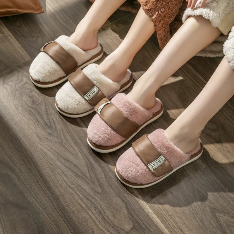 Beige Velcro-fastening plush indoor slippers with round toe and non-slip plastic sole.