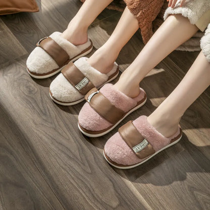 Beige Velcro-fastening plush indoor slippers with round toe and non-slip plastic sole.