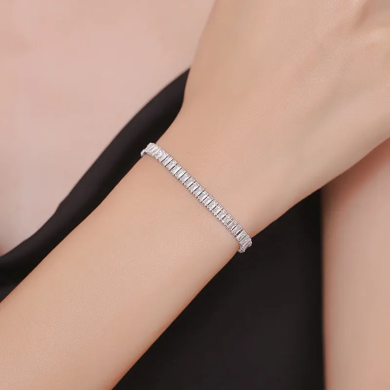 Women's rectangular geometric brass bracelet with full diamond zircon inlay in champagne gold colour