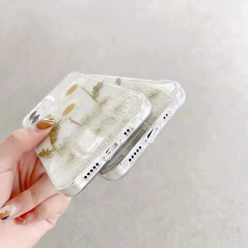 White iPhone case with a raised epoxy daisy flower pattern on the back.