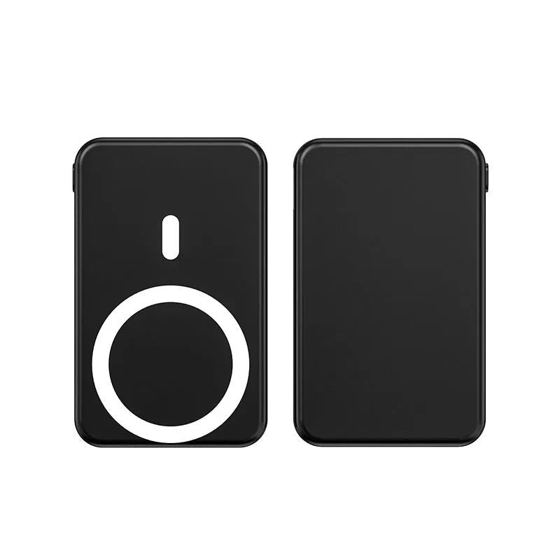 Ultra-thin black magnetic wireless power bank with 10000mAh capacity next to an iPhone.