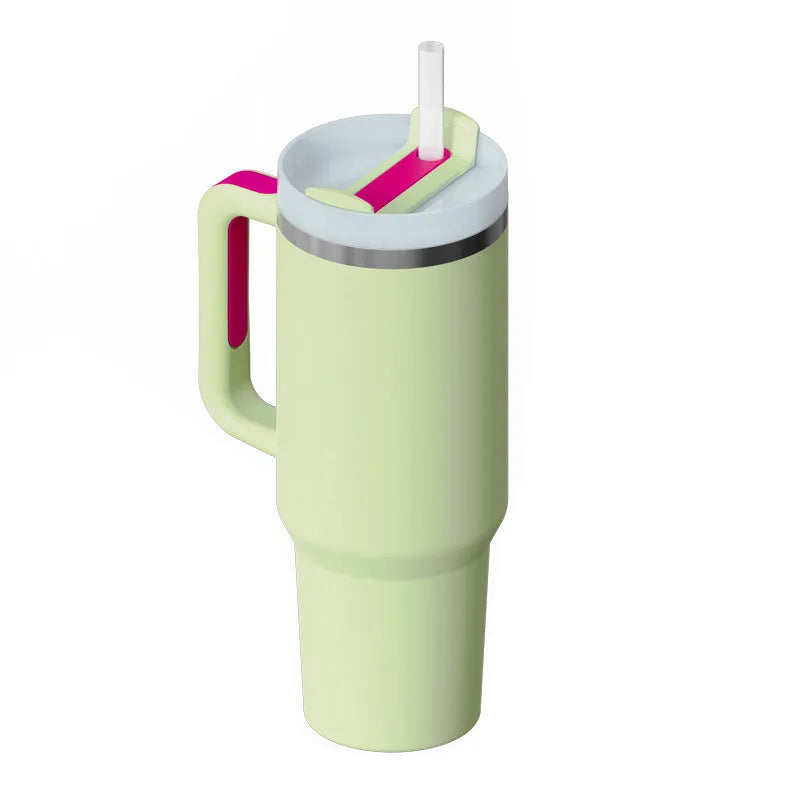 40oz stainless steel tumbler with handle and straw in various colour options showing tapered shape and spill-proof lid