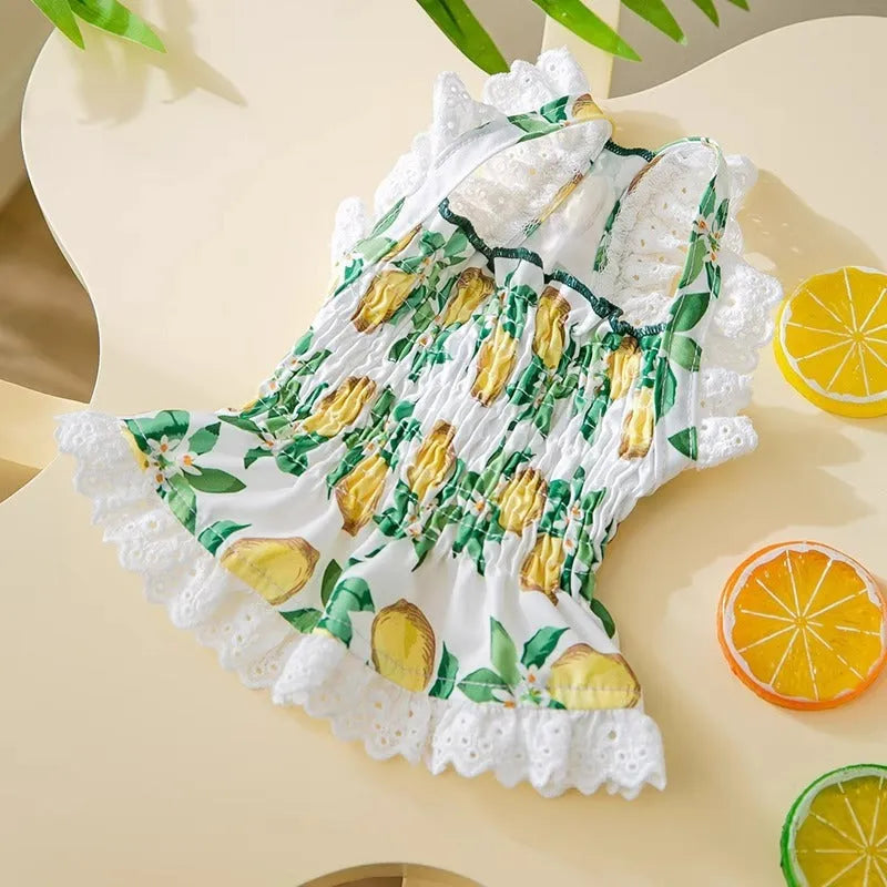 Rock yellow lemon coloured dog dress with thin breathable fabric and strap skirt in princess style