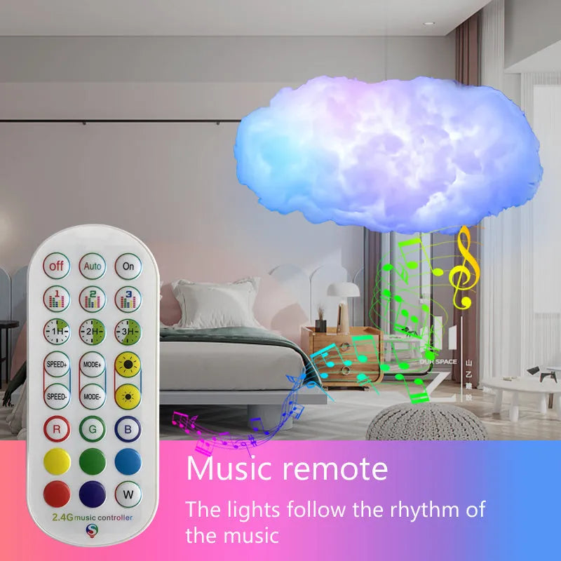 White fabric cloud shaped light hanging from ceiling with multi-coloured LED glow.