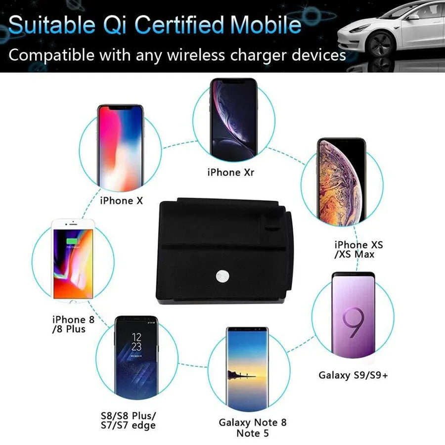 Black wireless charging storage box with QI compatibility and fast charging capability