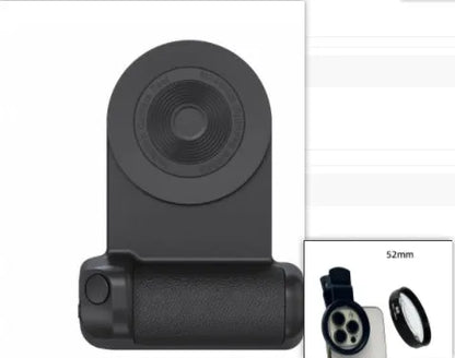 Black magnetic phone camera grip with rotatable bracket and ergonomic PU leather handle on a table.