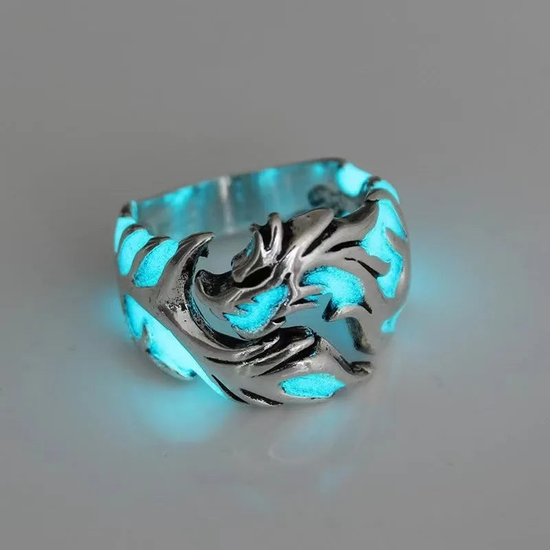 Adjustable metal ring with a luminous Chinese dragon pattern in antiqued silver, blue, and green colours.