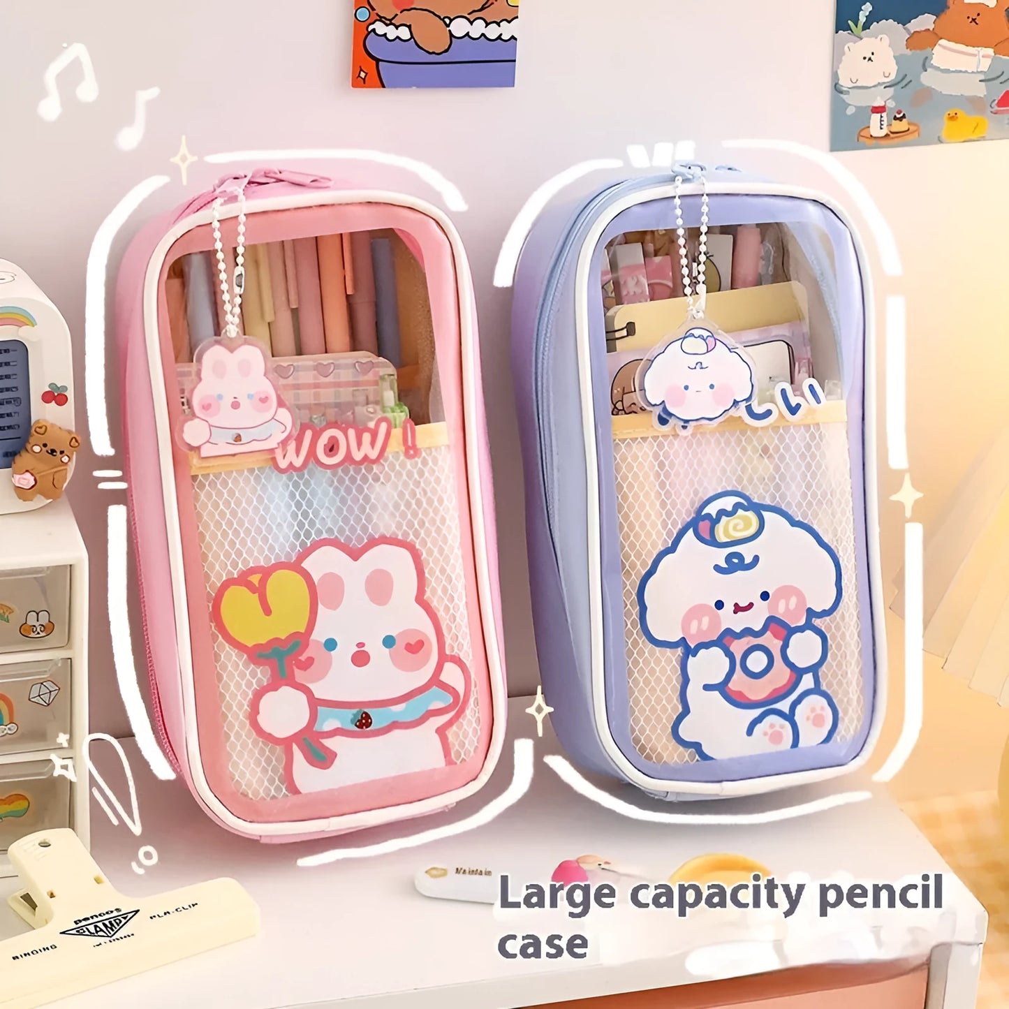 Transparent PVC pencil case with Korean cartoon pattern of candy bear design