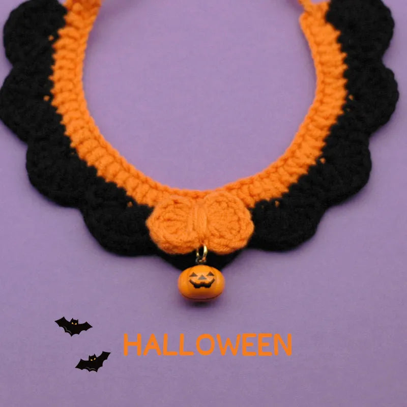 Hand-crocheted wool pet collar in pumpkin colour for a dog or cat, showing adjustable size and textured yarn.