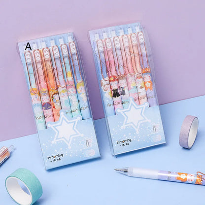 Six Lisa's Secret Constellation press gel pens showing 0.5mm tips and star pattern designs on plastic barrels