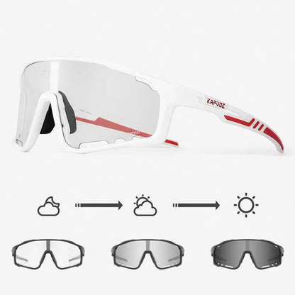 Photochromic cycling sunglasses with TR90 frame in semi-rimless unisex style on a solid colour background.