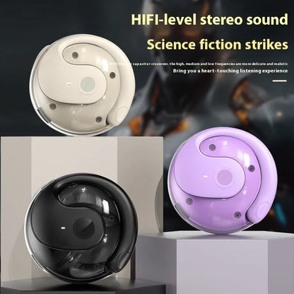 Small Coconut Ball wireless Bluetooth ear-hook headset with bone conduction, shown in Black, Milky White or Violet PC ABS