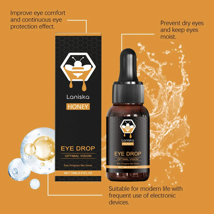 15ml bottle of honey-based eye drops for fatigue relief with precision applicator tip