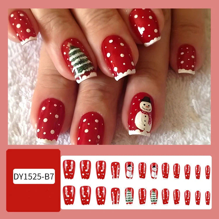 24pcs Christmas false nails with hat striped snowflake design for festive holiday wear
