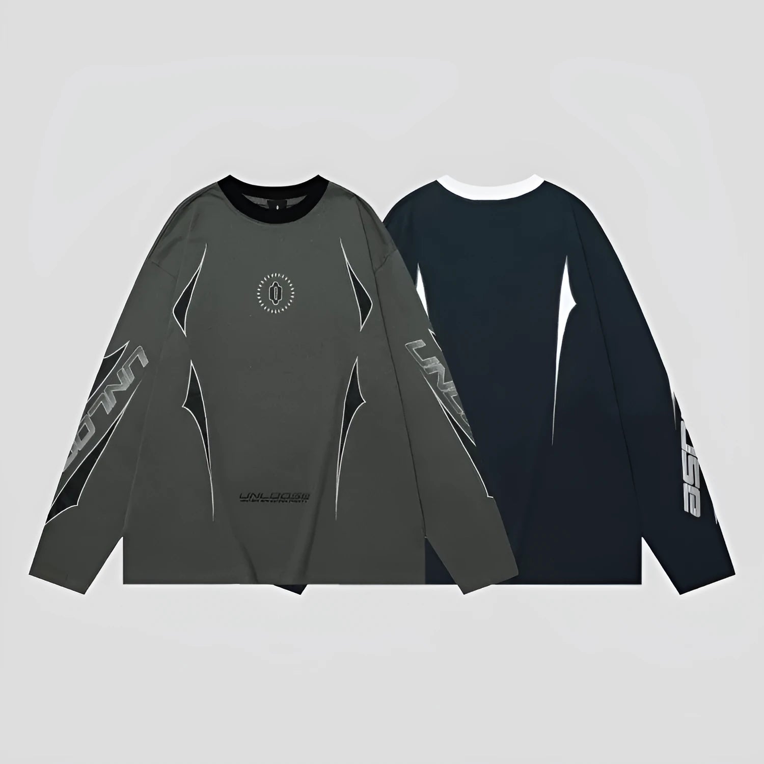 Woman wearing a grey khaki loose drop shoulder sweatshirt with a printed letter design.