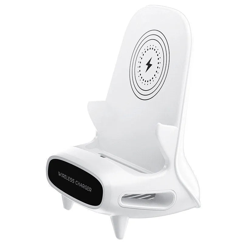 White portable mini chair wireless charger on desk with phone, showing compact 96.3mm size and fast charging
