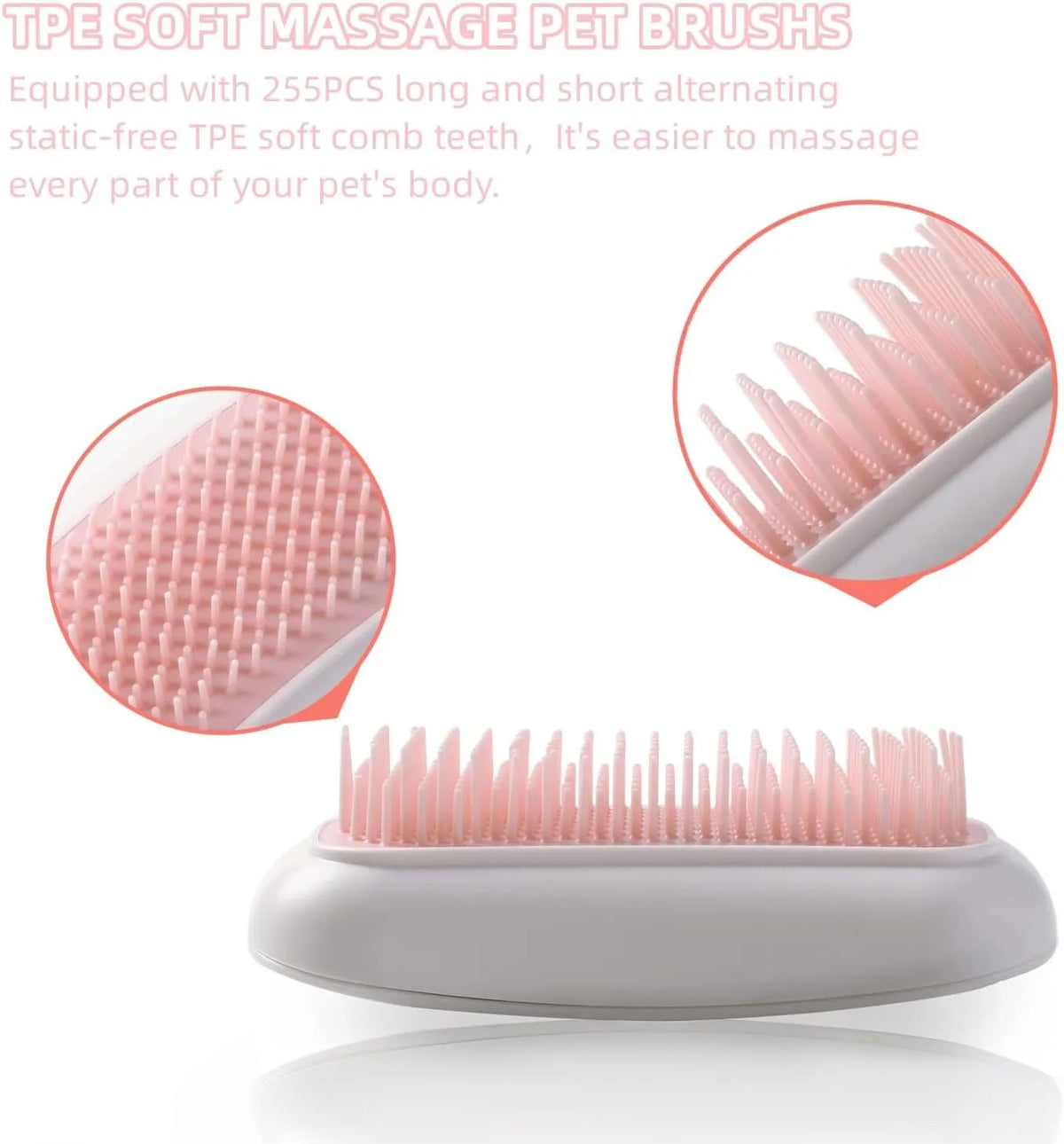 Fuigarry pink handheld electric pet grooming brush with soft TPE teeth on a white background