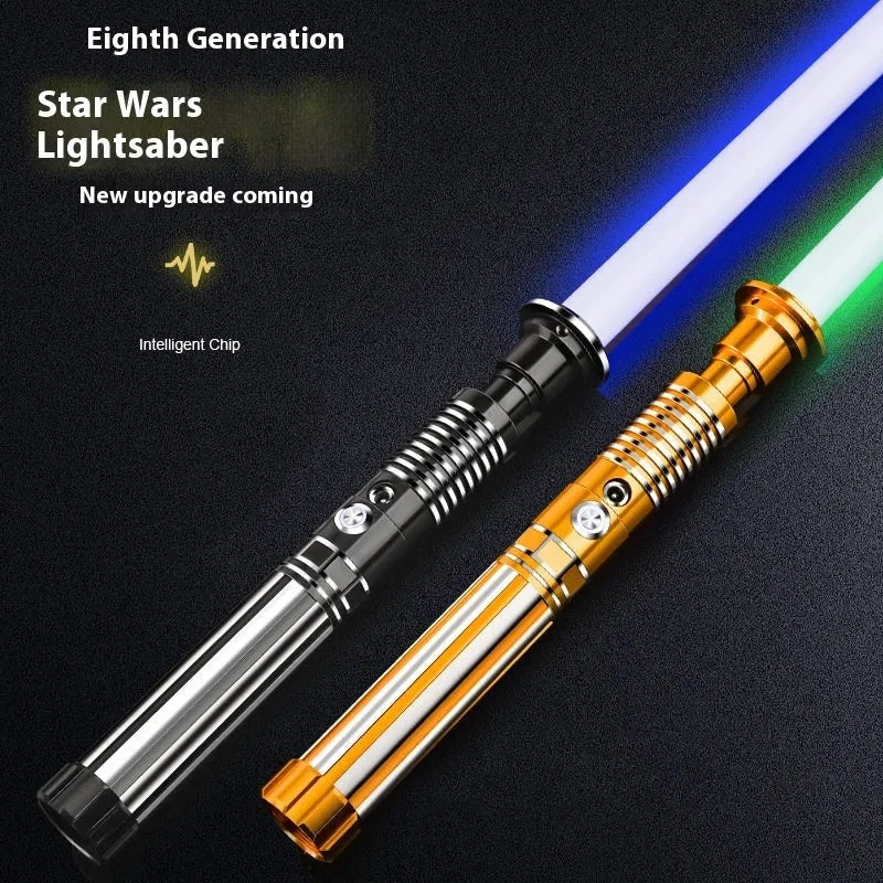Metal rechargeable laser sword toy with gravity induction, 16 colour-changing lights, and 8 sound effects for children aged 7-14.