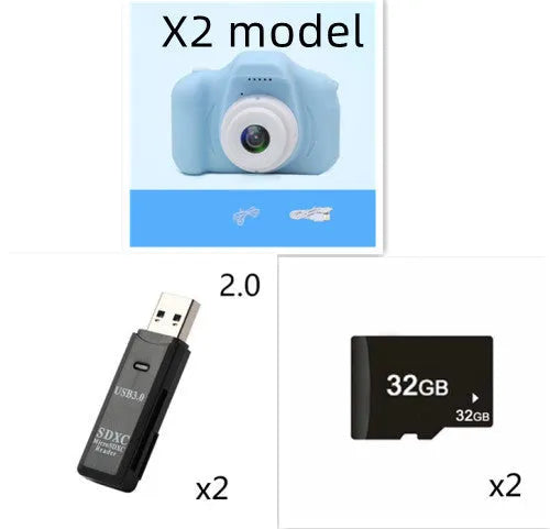 X2 HD mini digital camera for kids in silicone case with lanyard, shown capturing photo on 2-inch screen.