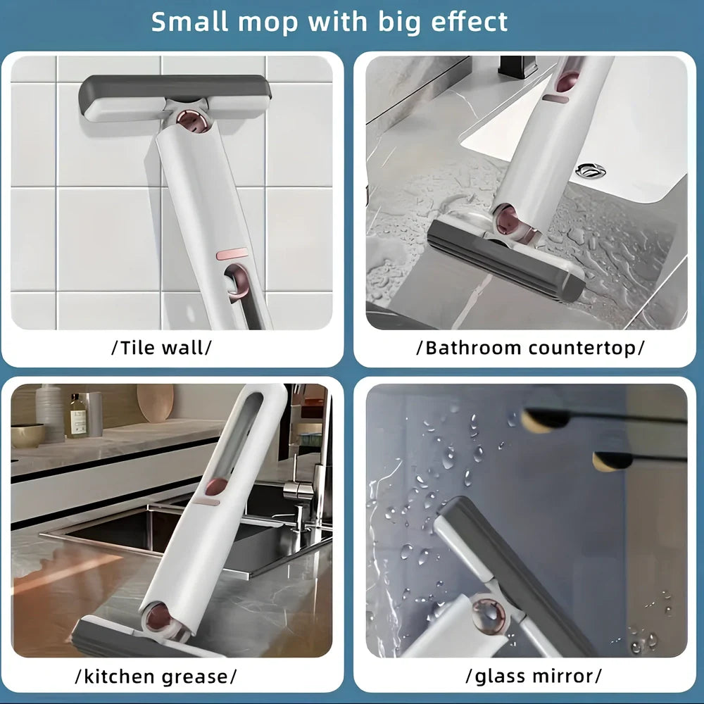 Portable self-squeezing mini mop with biodegradable cotton head and 180-degree folding mechanism