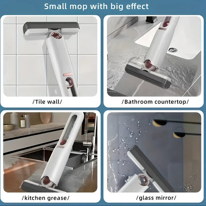 Portable self-squeezing mini mop with biodegradable cotton head and 180-degree folding mechanism