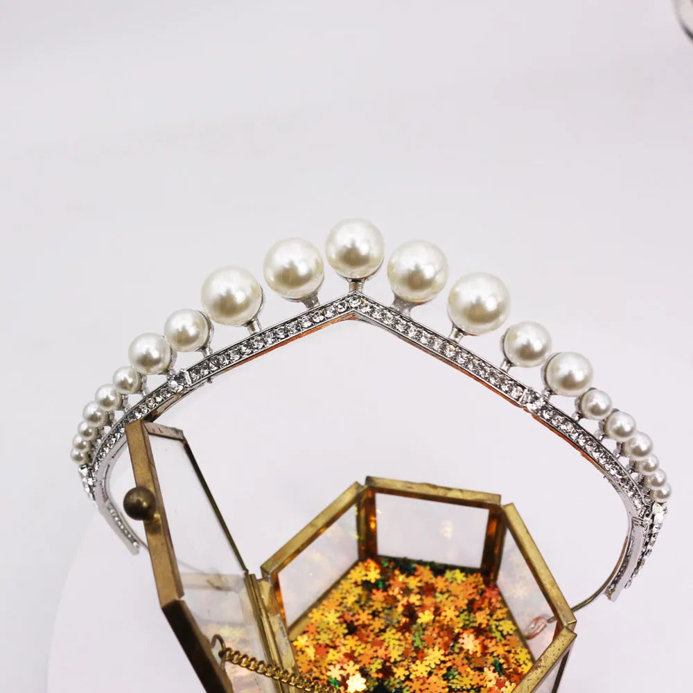 Silver tone bridal crown with pearl detail, about 13 cm diameter and 3 cm height, simple wedding hair accessory