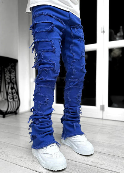 Men's slim-fit cotton jeans with unique patched design in various classic colors