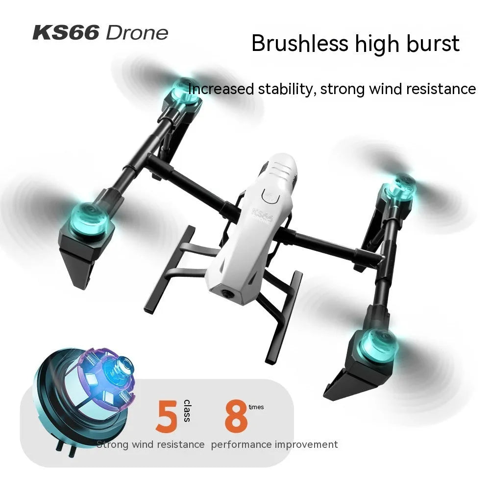 KS66 UAV drone with optical flow positioning camera in flight showing aluminium alloy brushless motor construction