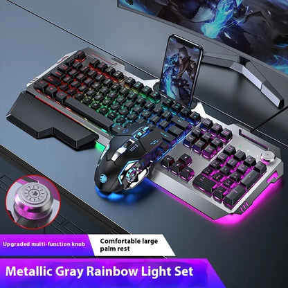 Aluminium alloy mechanical gaming keyboard with rainbow lighting, shown with a macro mouse and gaming headset.