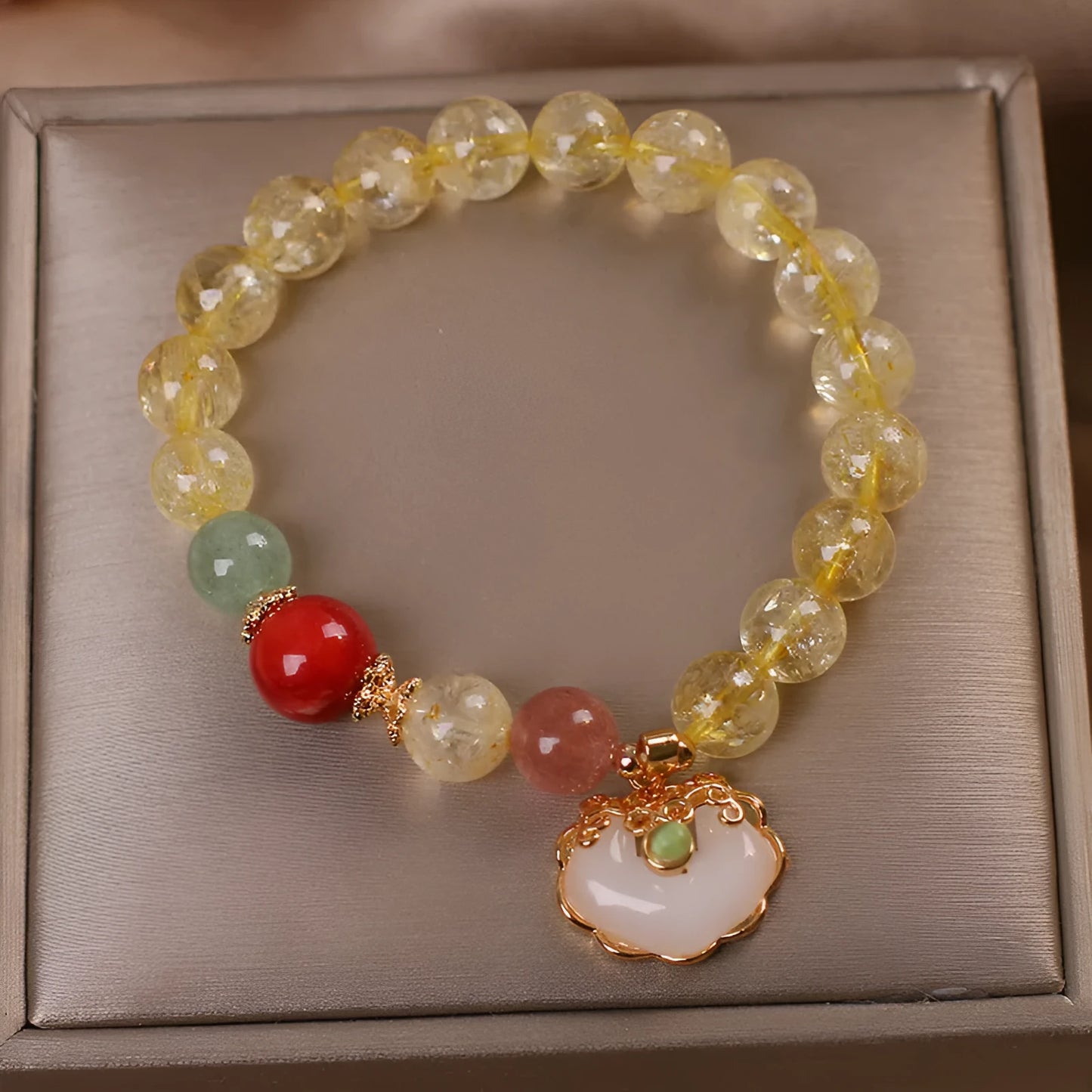Women's natural citrine jade ruyi pendant bracelet with alloy construction and yellow hair crystal jade colour