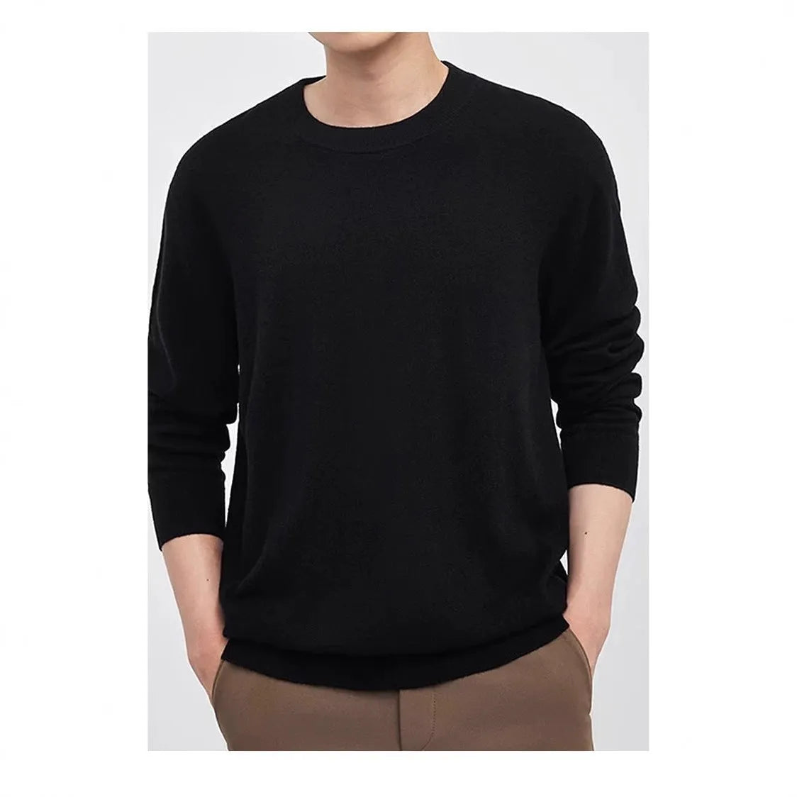 Men's V-neck wool pullover sweater in light grey shown on a model.