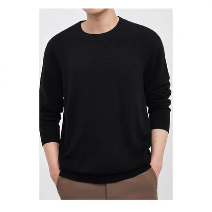 Men's V-neck wool pullover sweater in light grey shown on a model.