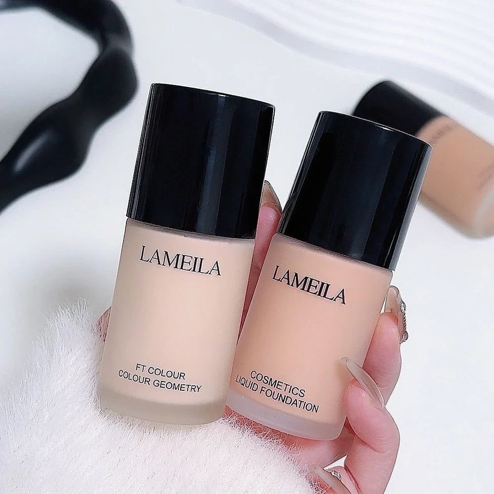 Moisturising concealer foundation bottle showing liquid texture with four shade options for skin tone correction