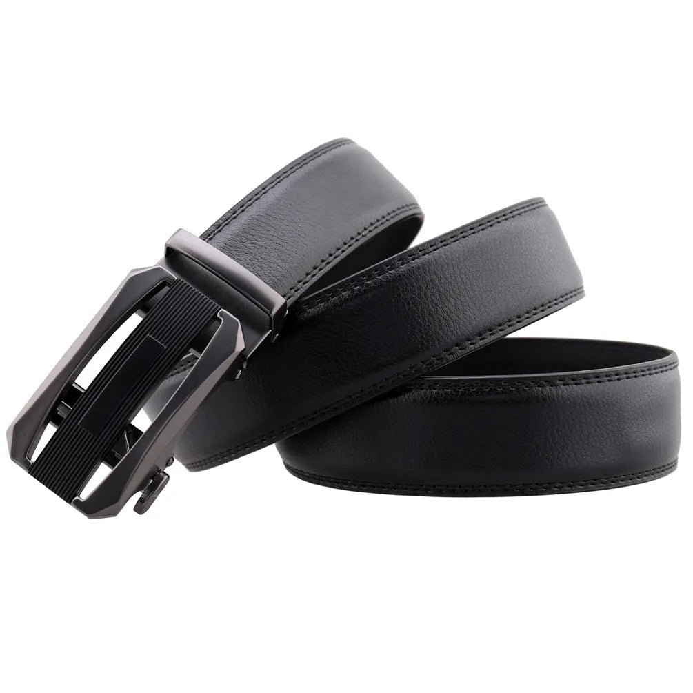 Men's alloy click belt with matte gun rectangular buckle and two-layer cowhide strap in black or brown, 110-130cm.