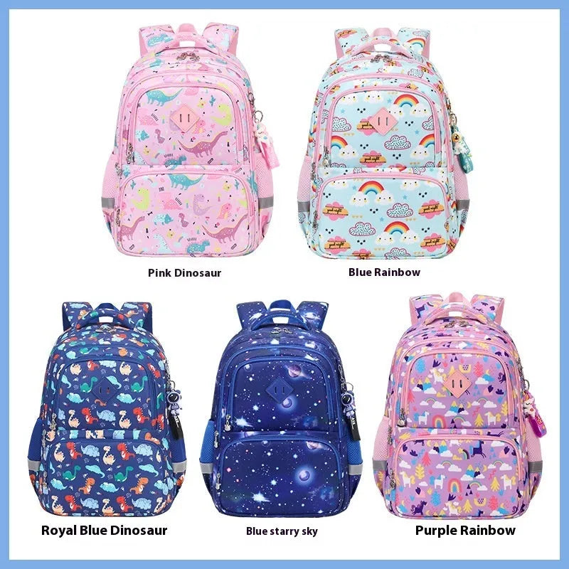 Blue children's school backpack with dinosaur pattern, showing curved shoulder straps and front pocket.