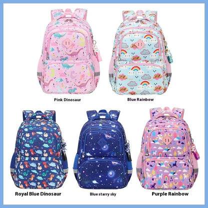 Blue children's school backpack with dinosaur pattern, showing curved shoulder straps and front pocket.