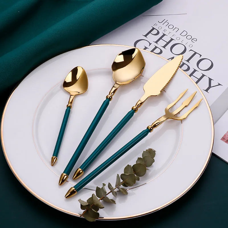 Stainless steel knife, fork, and two spoons set in a choice of seven metallic colour finishes.