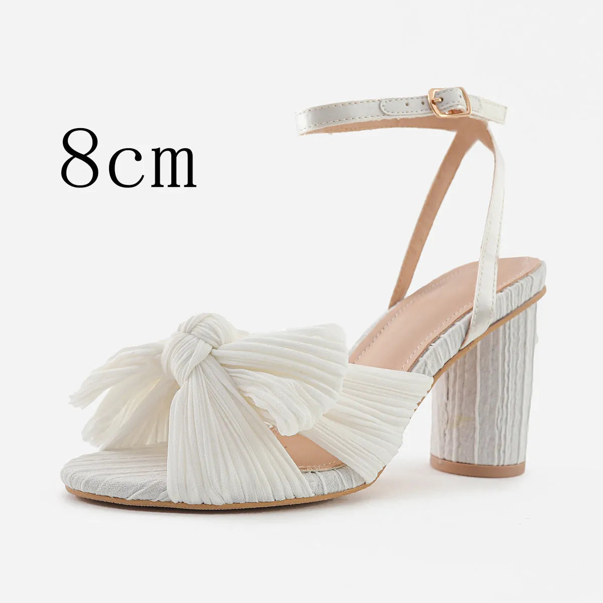 Satin bowknot fish mouth high heel sandals with thick heel and buckle fastening in black