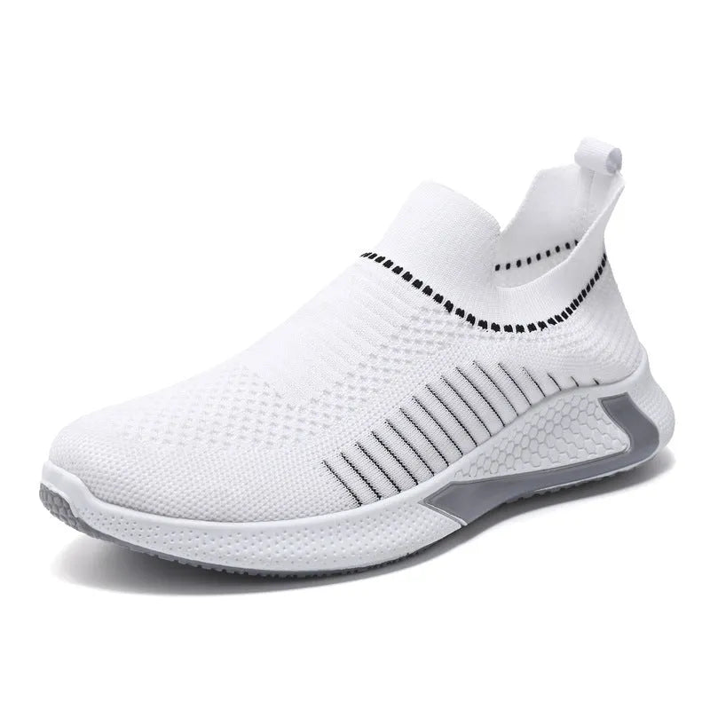 Men's black and white striped slip-on sneakers with lace-up front and mesh upper.