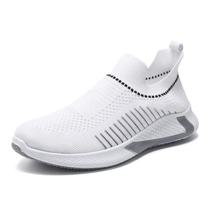 Men's black and white striped slip-on sneakers with lace-up front and mesh upper.
