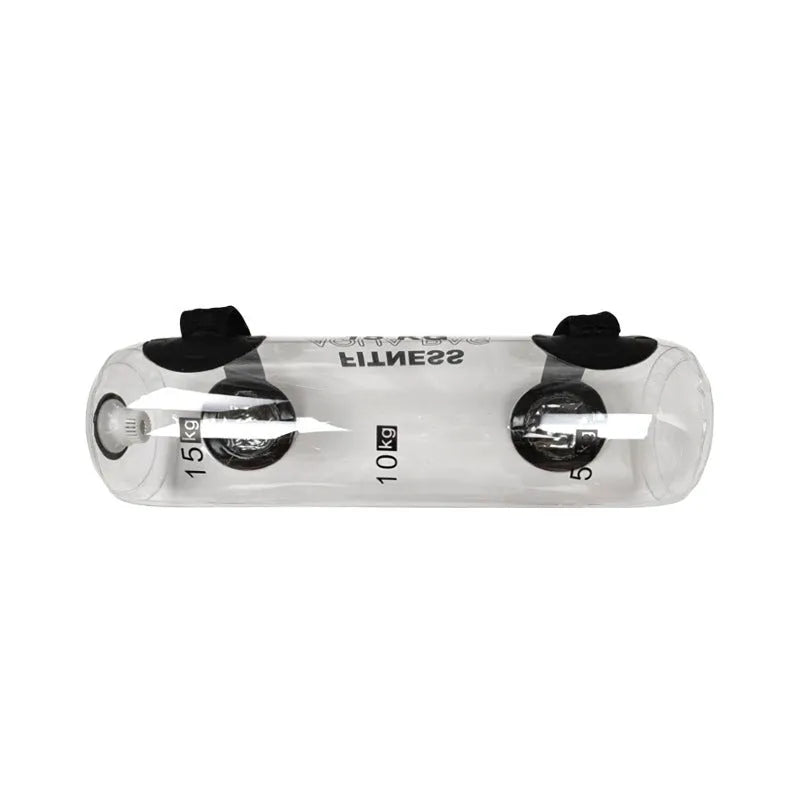 Transparent PVC inflatable water weight bag for adjustable strength training from 5kg to 35kg.