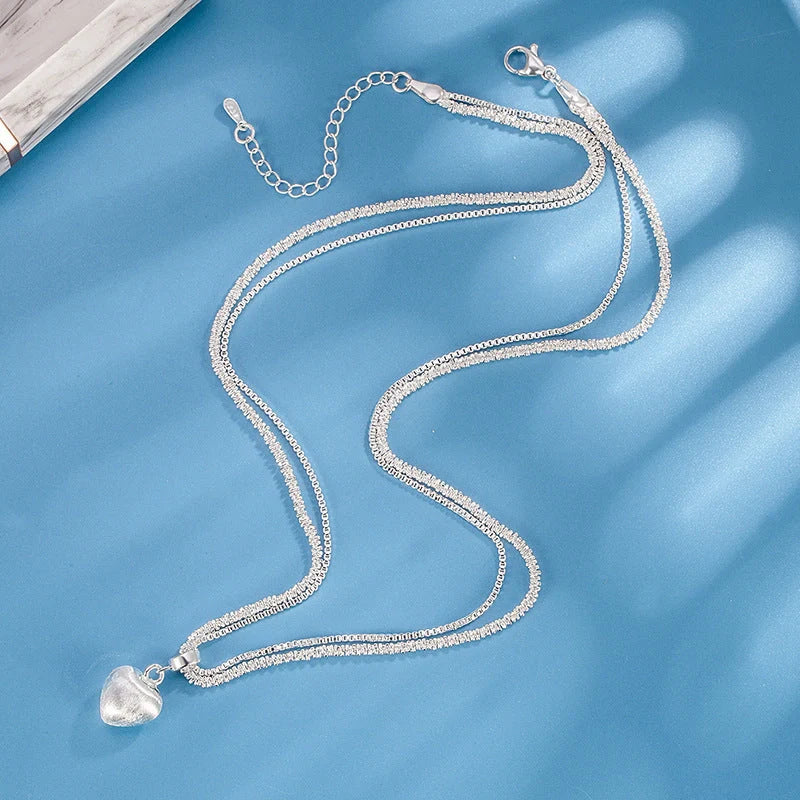Double layer brushed heart pendant necklace for women with water wave chain
