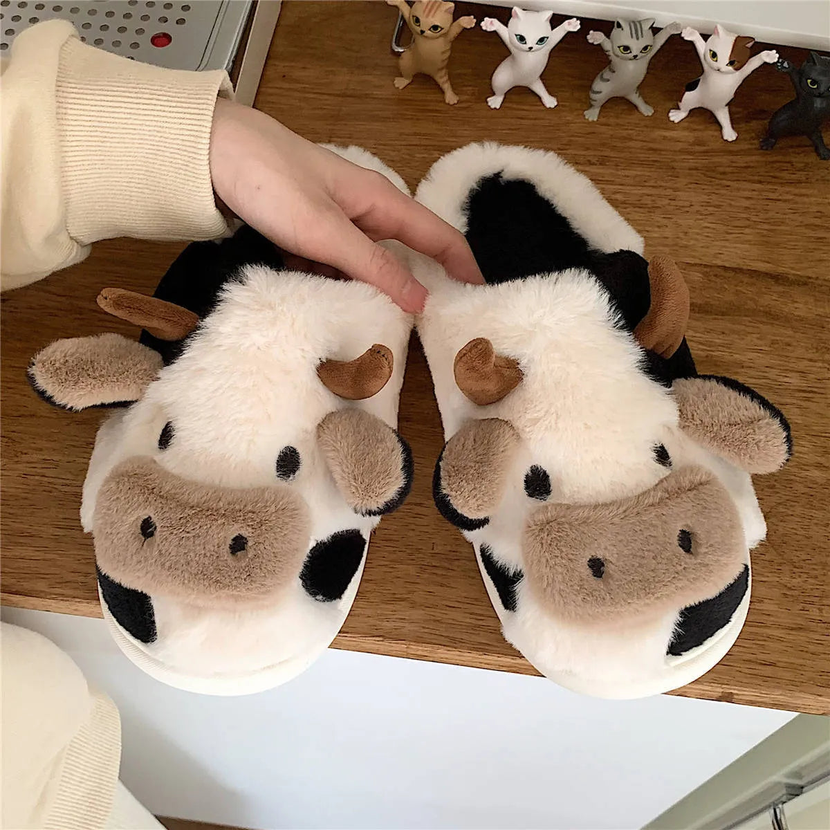 White cow animal slippers with plush faux fur and non-slip PVC soles for women