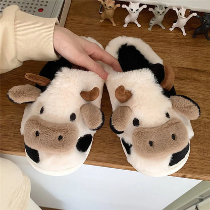 White cow animal slippers with plush faux fur and non-slip PVC soles for women