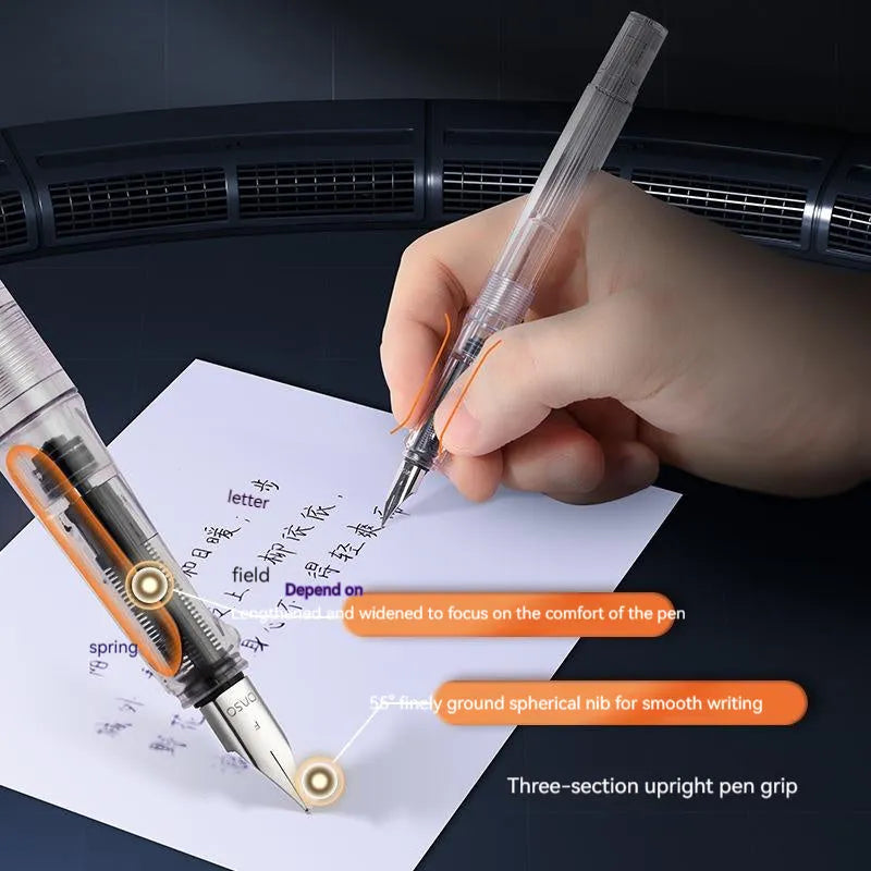 Student automatic suction pen set showing pen, ink feeder, and handbag with 0.38mm and 0.5mm nib options