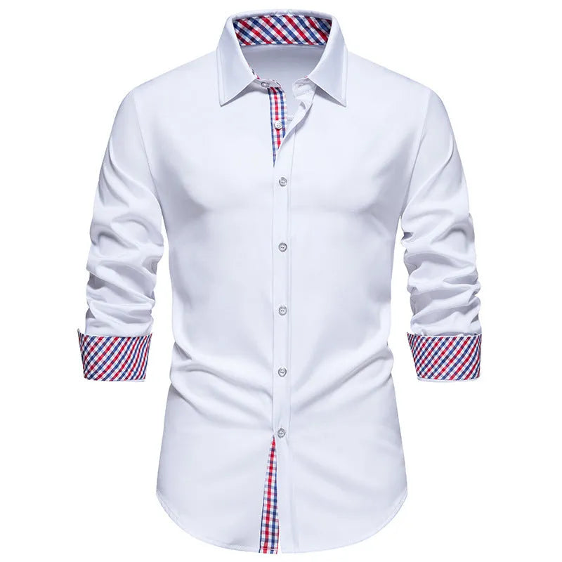 Men's loose plaid stitching casual long-sleeved shirt in black, white or wine red colours