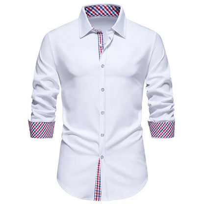 Men's loose plaid stitching casual long-sleeved shirt in black, white or wine red colours