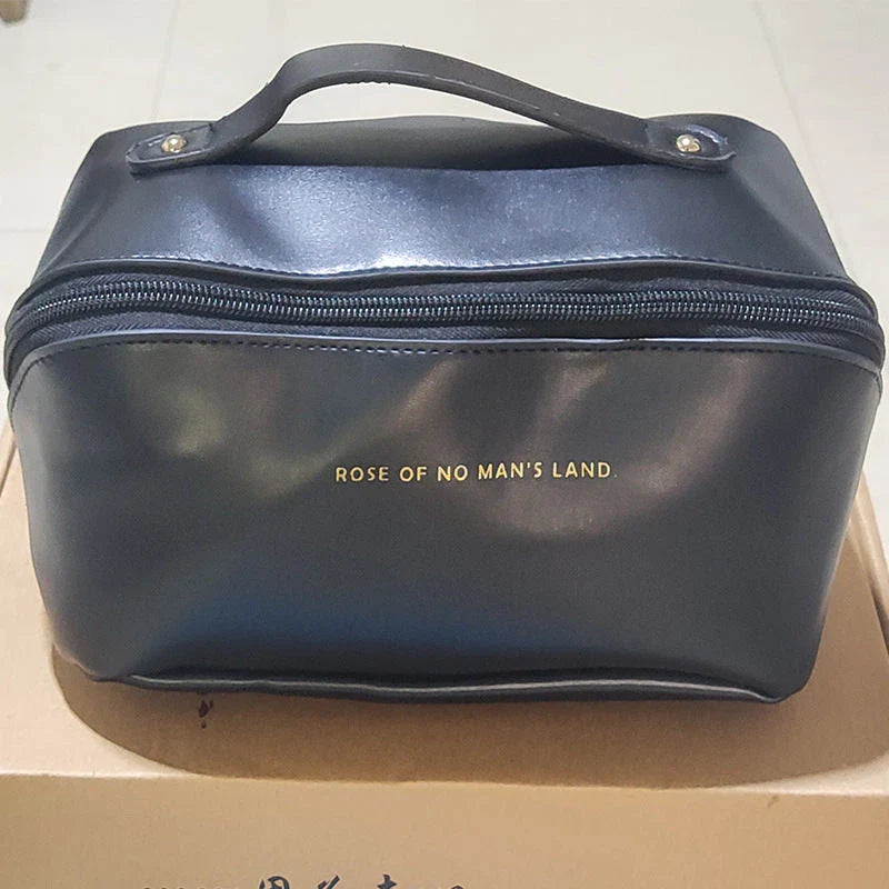 Premium PU leather cosmetic bag with large capacity, versatile storage, and water-resistant design for modern women on the go