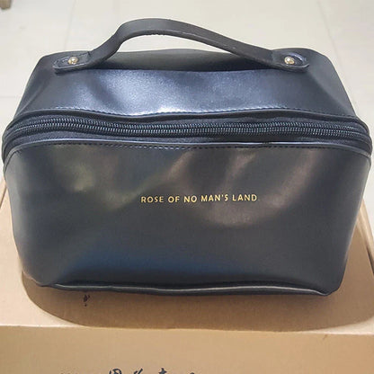 Premium PU leather cosmetic bag with large capacity, versatile storage, and water-resistant design for modern women on the go